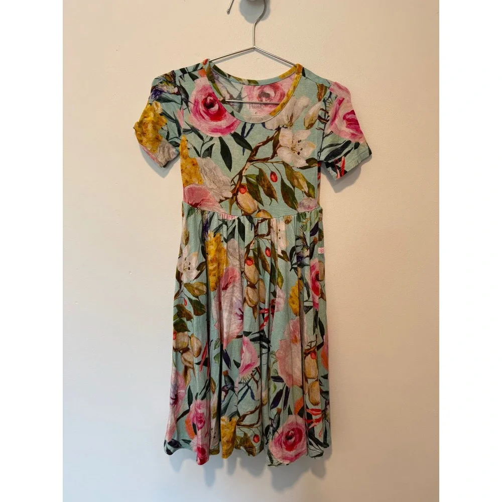 Posh Peanut Girls 4T Floral Hummingbird Bamboo Viscose Short Sleeve Dress Blue